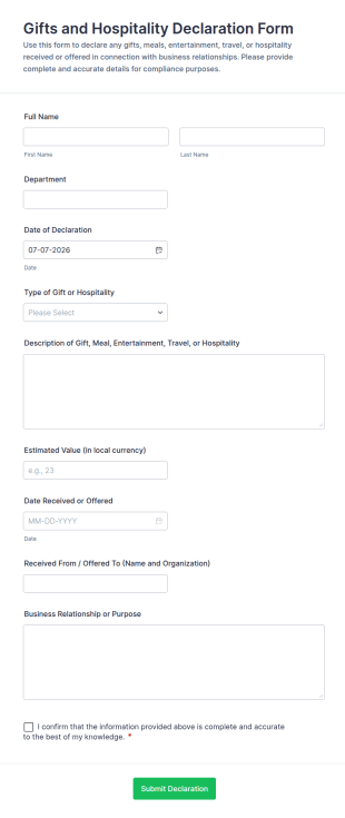 Gifts And Hospitality Declaration Form Template