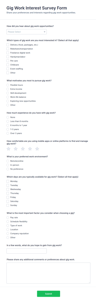 Gig Work Interest Survey Form Template