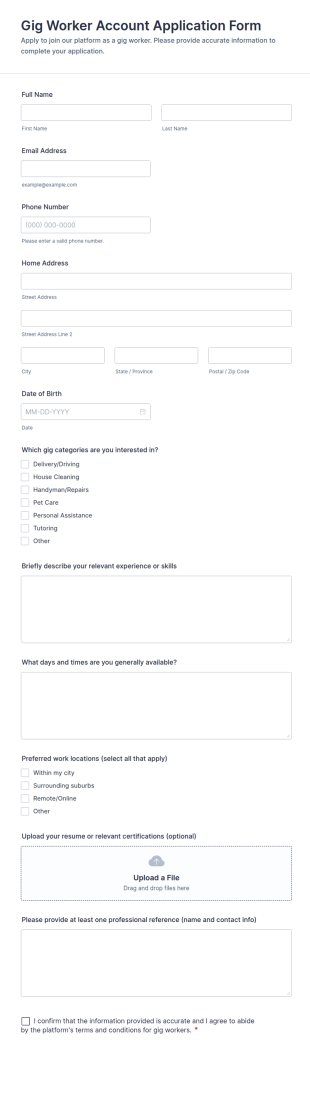 Gig Worker Account Application Form Template