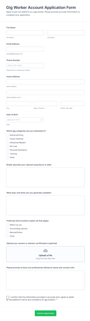 Gig Worker Account Application Form Template