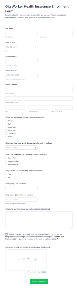 Gig Worker Health Insurance Enrollment Form Template