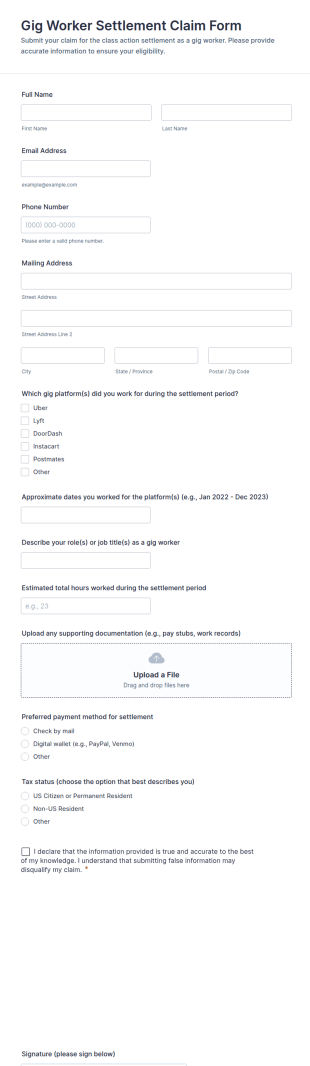 Gig Worker Settlement Claim Form Template