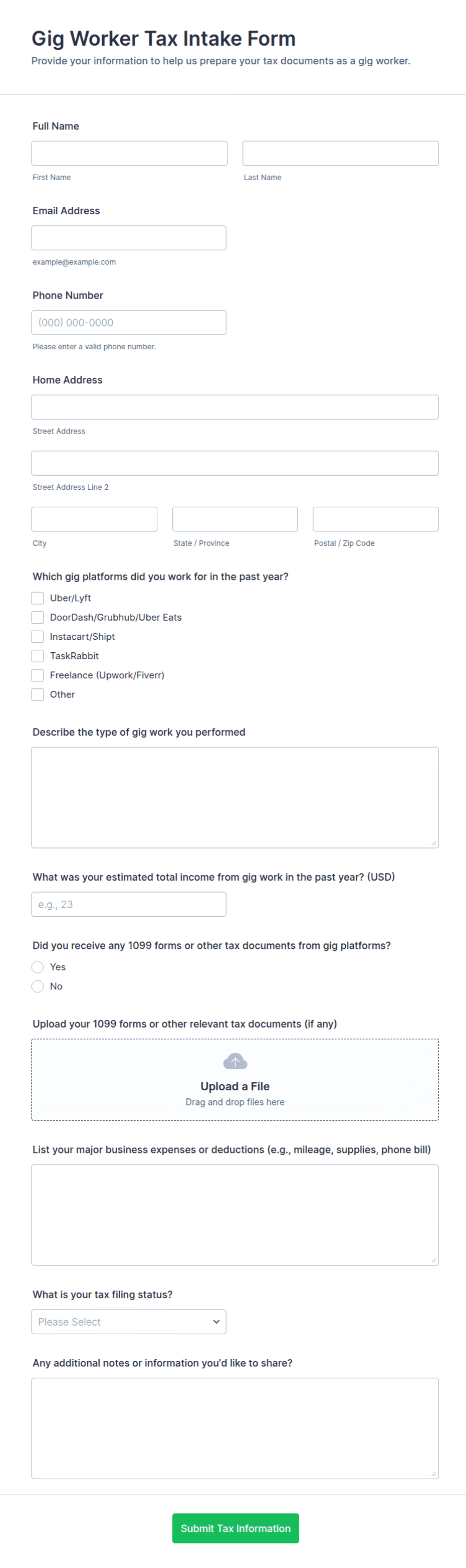 Gig Worker Tax Intake Form Template | Jotform