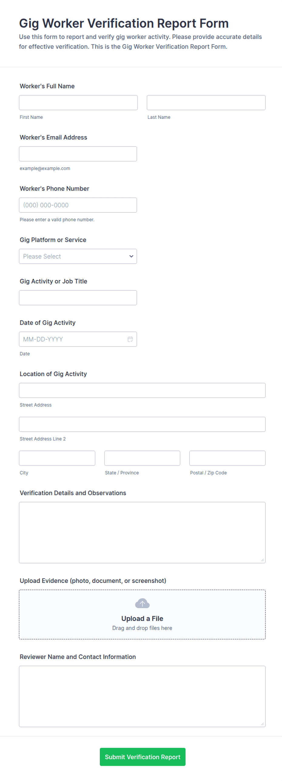 Mircrosoft Forms Report Examples Gig Worker Verification Report Form Template | Jotform