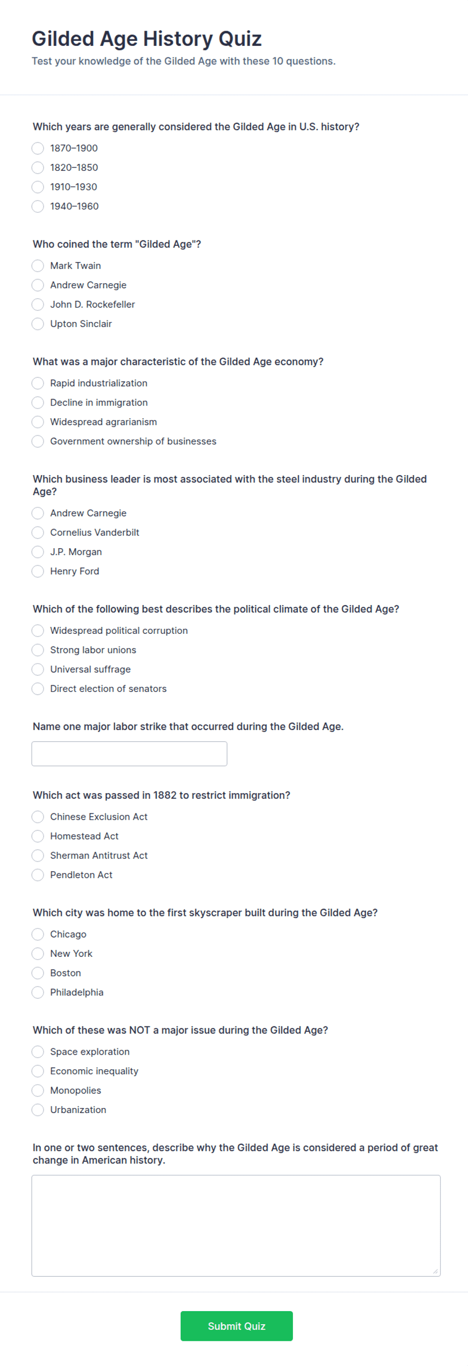 Gilded Age History Quiz Form Template | Jotform