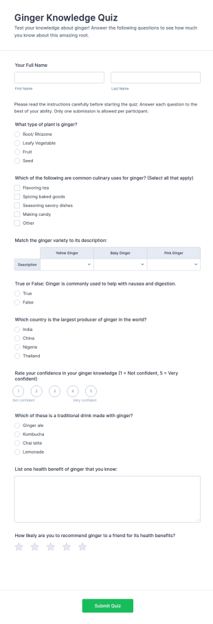 Ginger Knowledge Quiz Form Template