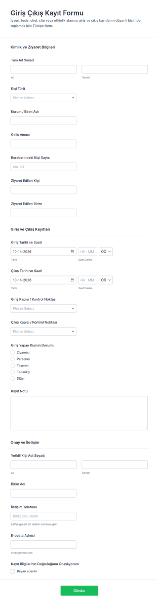 Giriş Çıkış Kayıt Form Şablonu