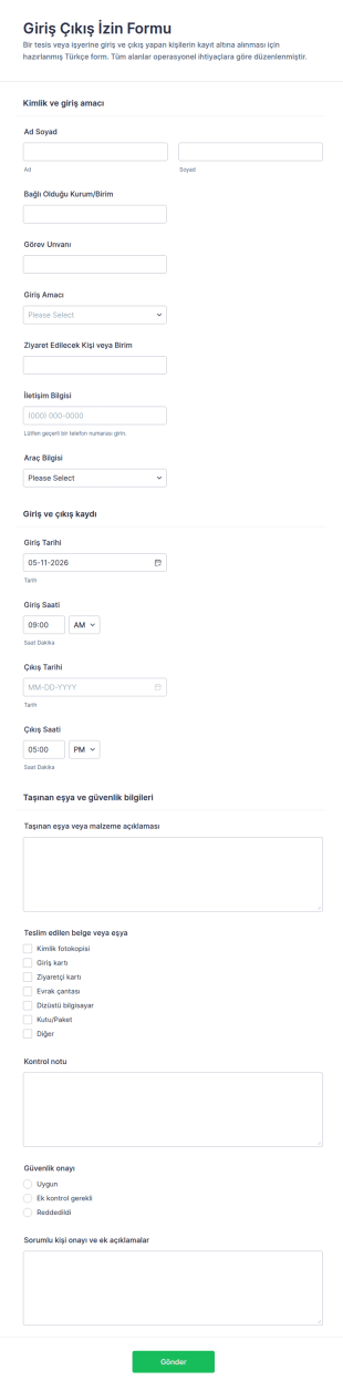 Giriş Kartı Form Şablonu