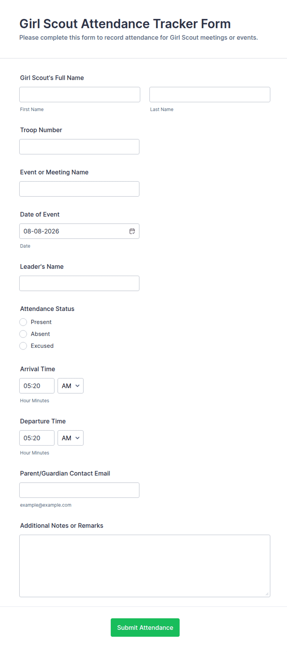 Girl Scout Attendance Tracker Form Template | Jotform