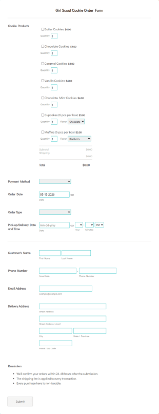 Girl Scout Cookie Order Form Template