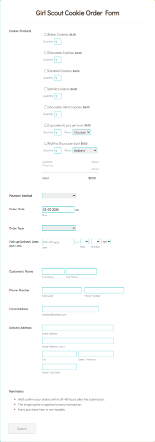Girl Scout Cookie Order Form Template