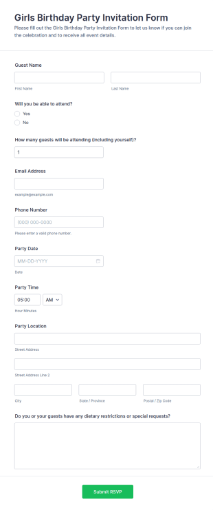 Girls Birthday Party Invitation Form Template