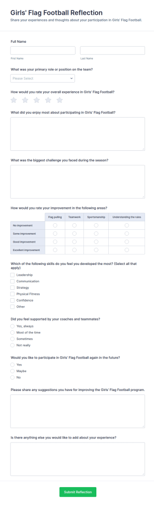 Girls' Flag Football Reflection Form Template