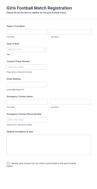 Girls Football Match Registration Form Template