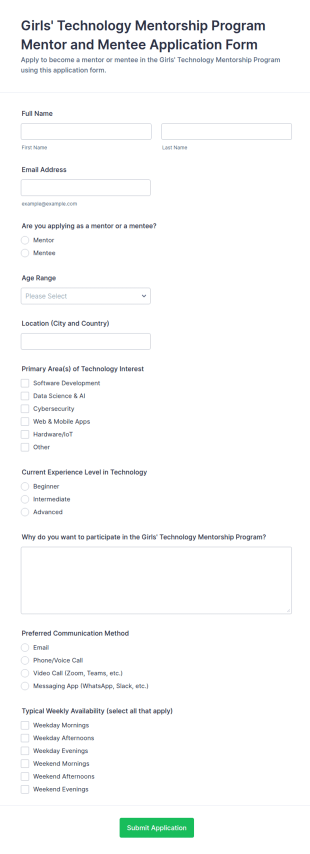 Girls' Technology Mentorship Program Mentor And Mentee Application Form Template