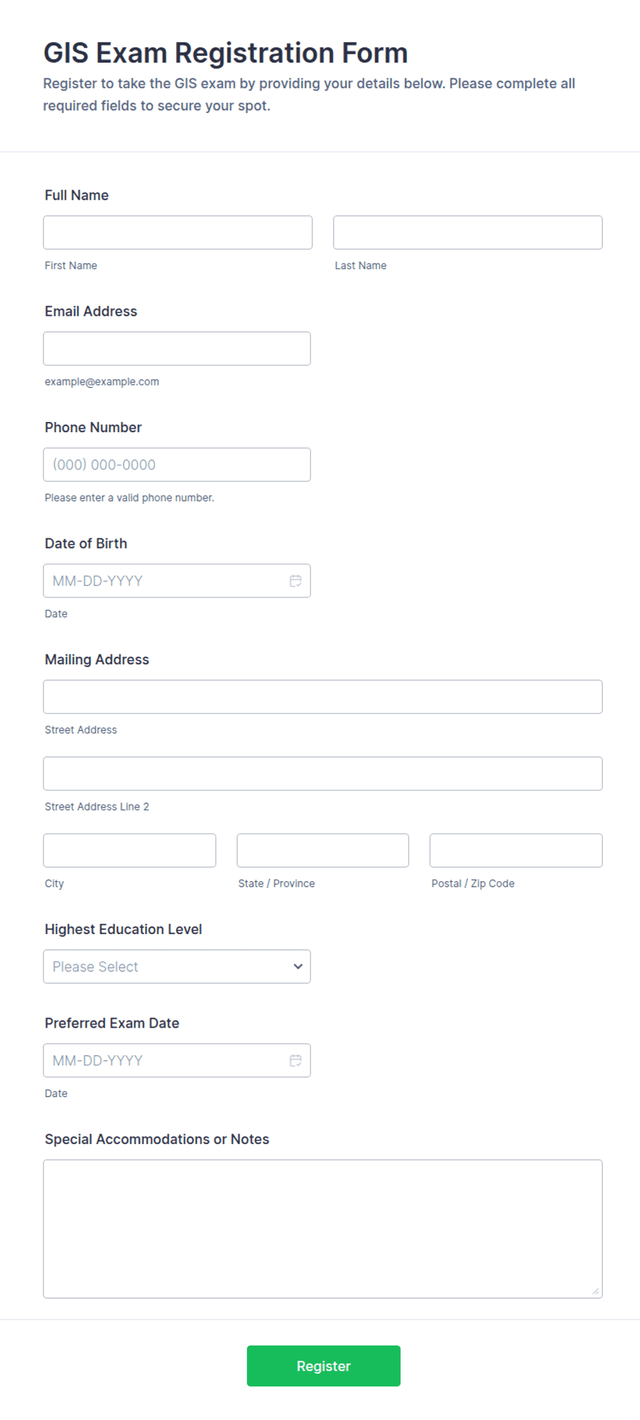 GIS Exam Registration Form Template | Jotform