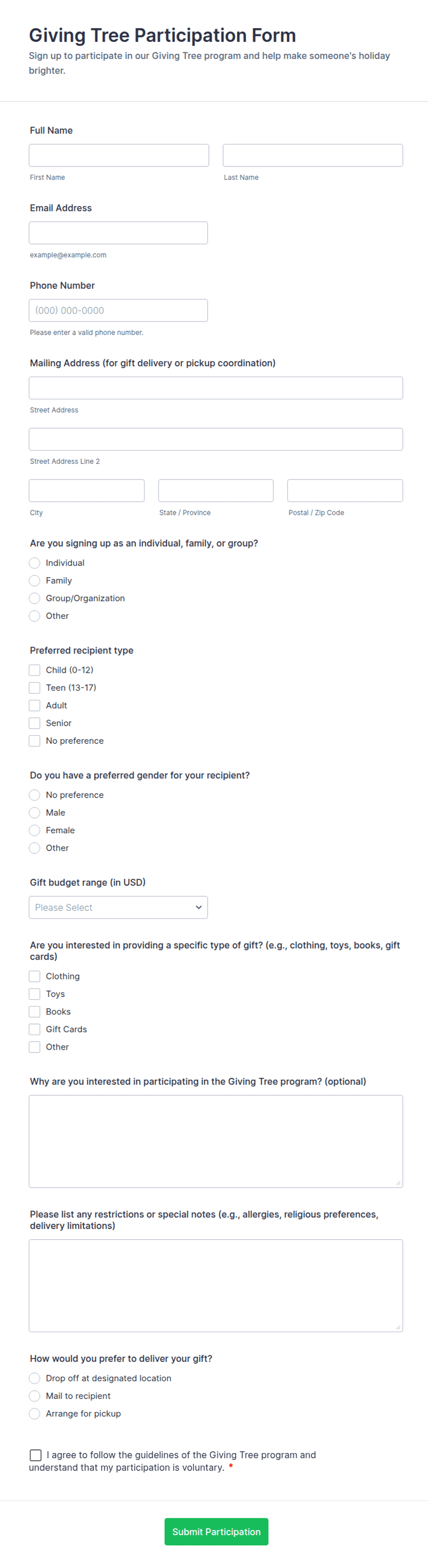 Giving Tree Participation Form Template | Jotform