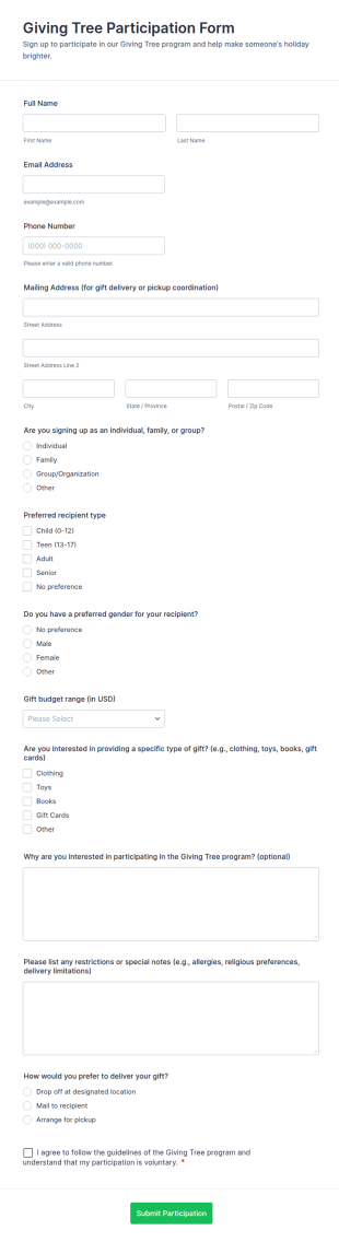 Giving Tree Participation Form Template
