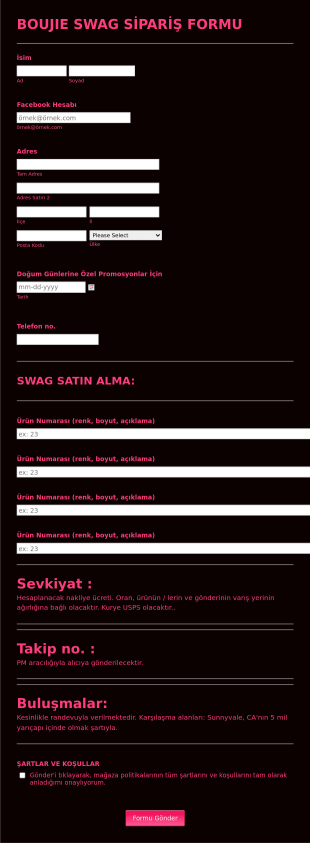 Giyim Siparişi Form Şablonu