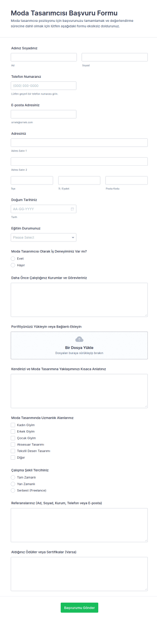 Moda Tasarımcısı Başvuru Form Şablonu