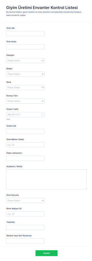 Giyim Üretim Stok Envanteri Form Şablonu