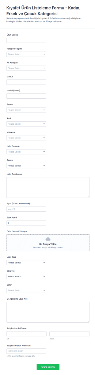 Giyim Ürün Listeleme Form Şablonu