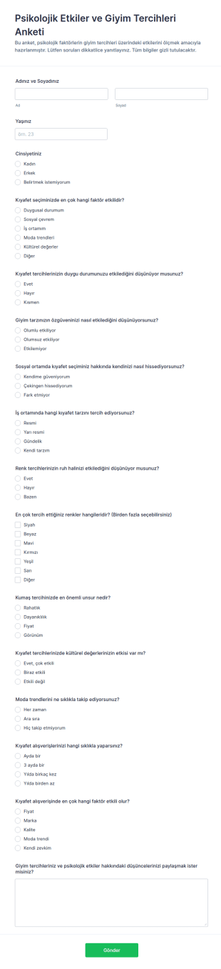 Giyimde Psikolojik Etkiler Anketi Form Şablonu