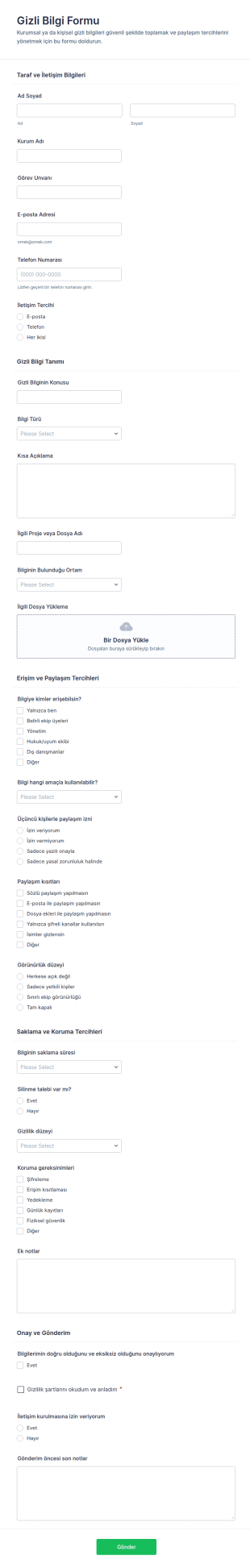 Gizli Bilgi Form Şablonu
