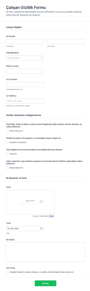 Gizlilik Anlaşması Form Şablonu