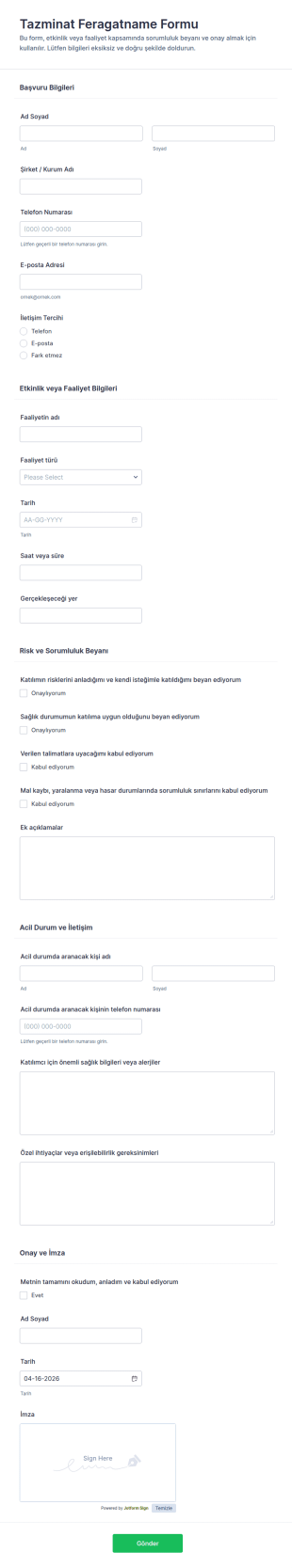 Gizlilik Feragatname Form Şablonu