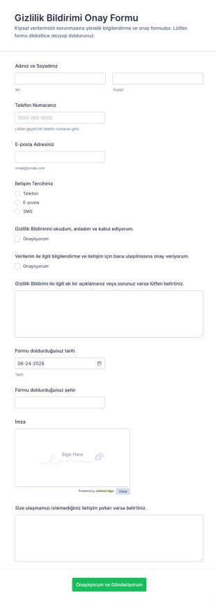 Gizlilik Politikası Bildirimi Ve Onay Form Şablonu