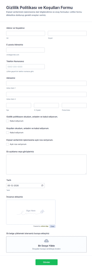 Gizlilik Politikası Ve Koşulları Form Şablonu