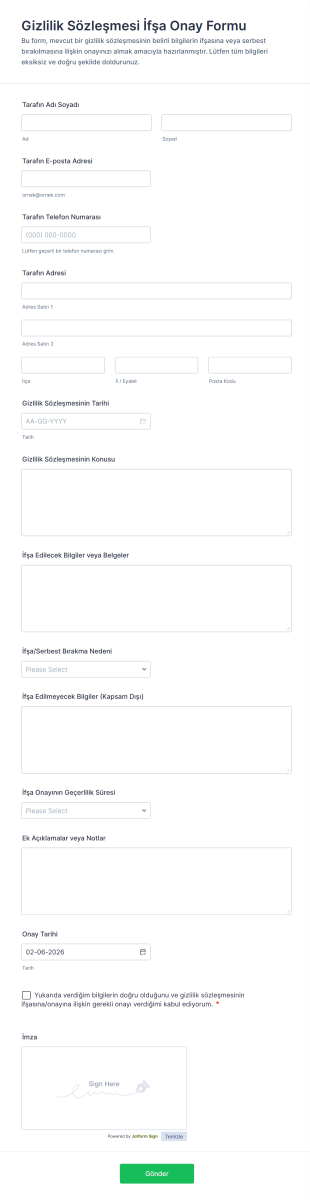 Gizlilik Sözleşmesi İfşa Onay Form Şablonu