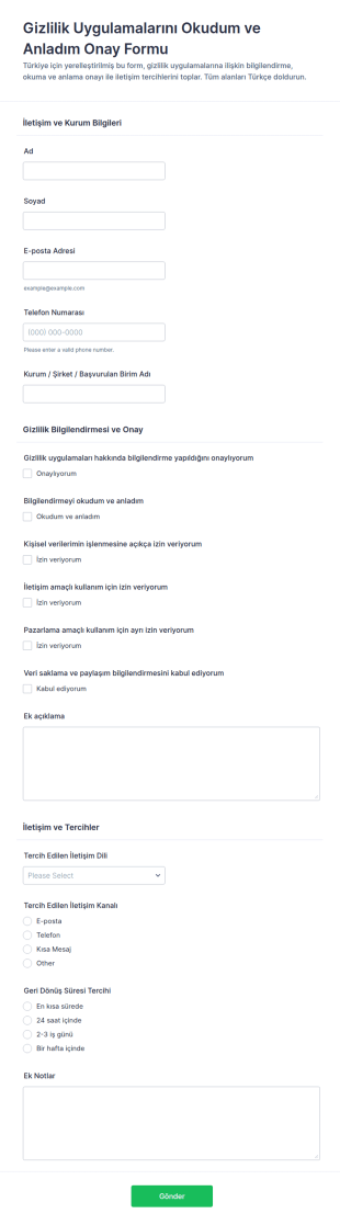 Gizlilik Uygulamaları Onay Form Şablonu