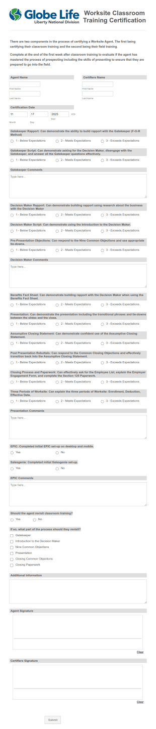 Worksite Classroom Training Certification Form Template