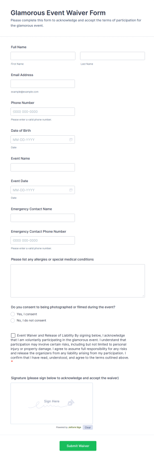 Glamorous Event Waiver Form Template