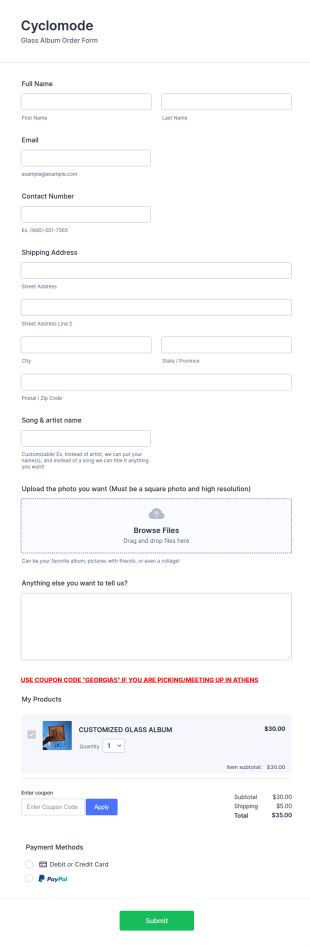Glass Album Order Form Template