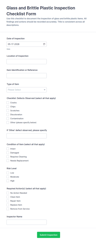 Glass And Brittle Plastic Inspection Checklist Form Template