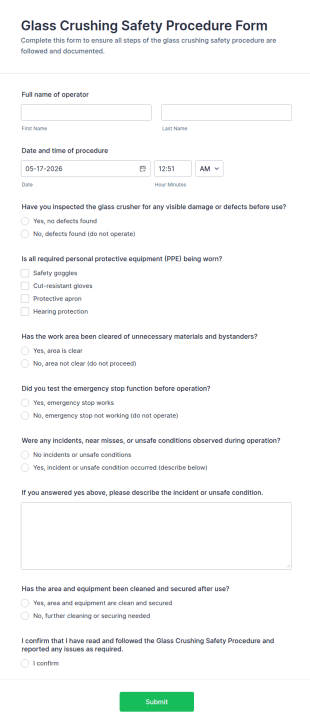Glass Crushing Safety Procedure Form Template