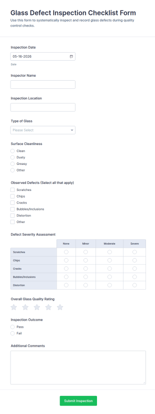 Glass Defect Inspection Checklist Form Template