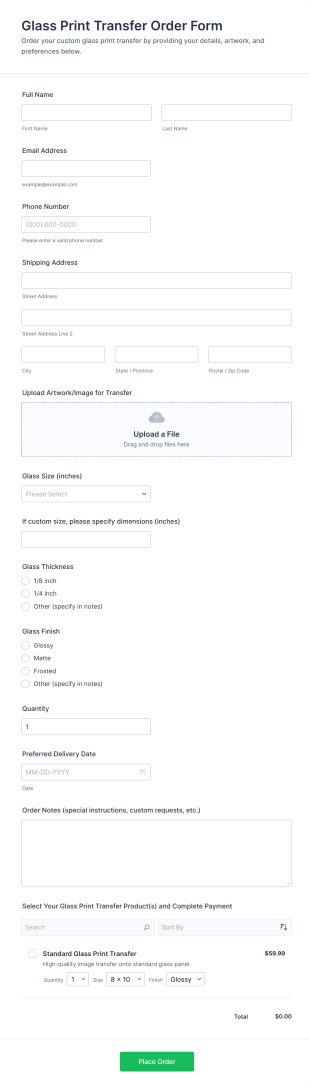 Glass Print Transfer Order Form Template