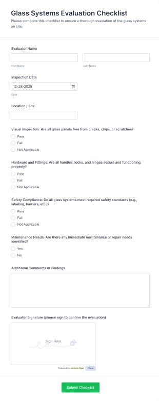 Glass Systems Evaluation Checklist Form Template