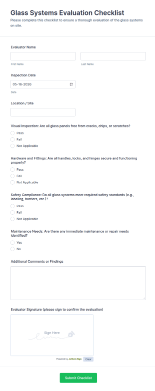 Glass Systems Evaluation Checklist Form Template