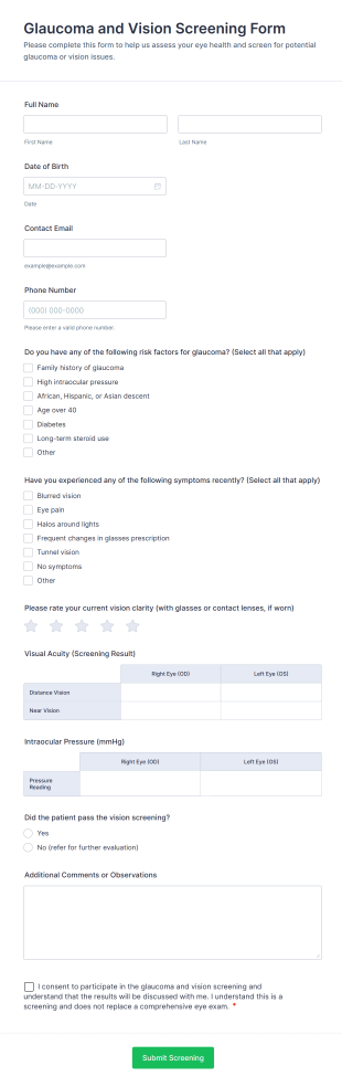 Glaucoma And Vision Screening Form Template