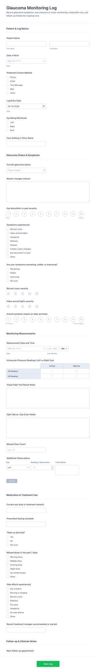 Glaucoma Monitoring Log Form Template
