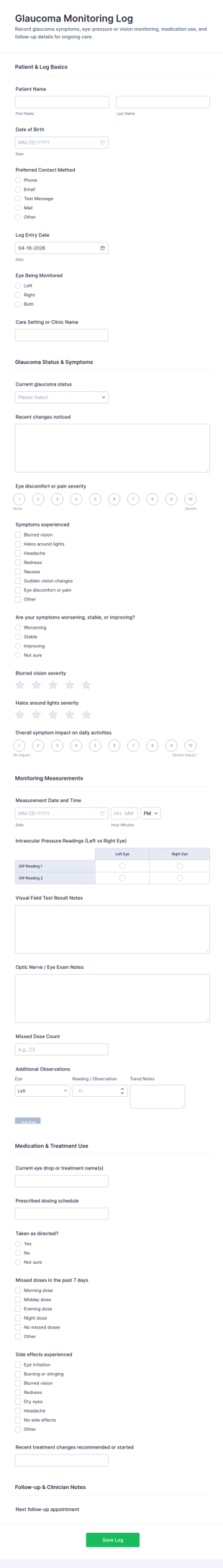 Glaucoma Monitoring Log Form Template