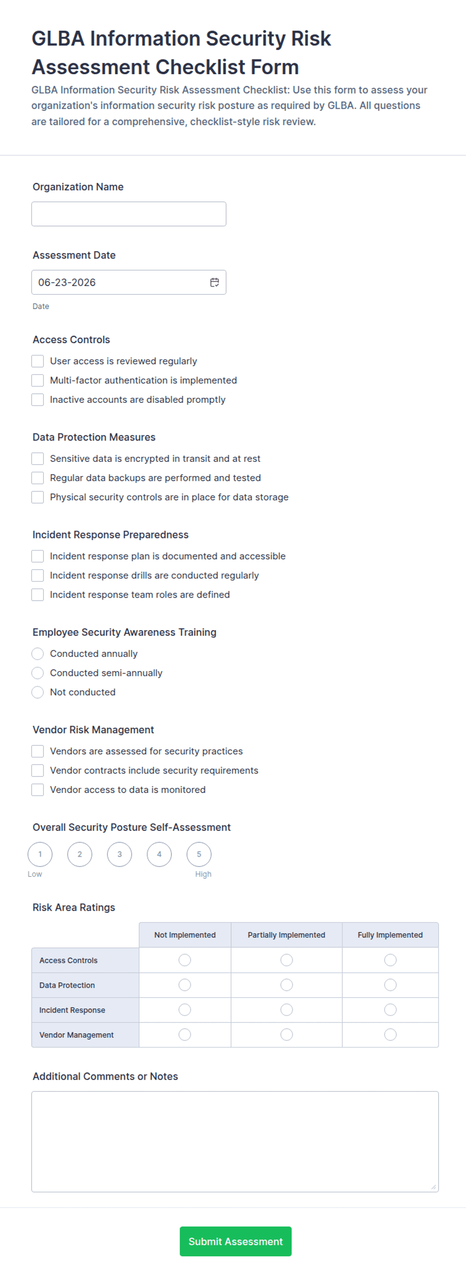 GLBA Information Security Risk Assessment Checklist Form Template | Jotform