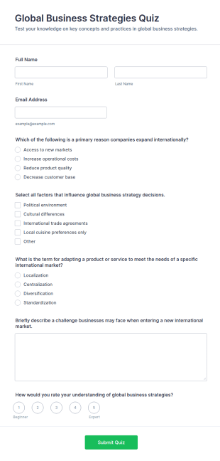 Global Business Strategies Quiz Form Template