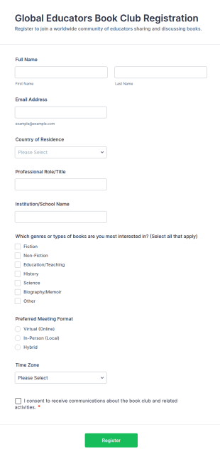 Global Educators Book Club Registration Form Template