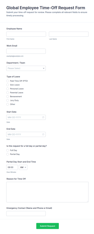 Global Employee Time Off Request Form Template